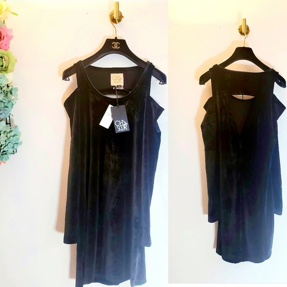 NEW CHASER Mini Dress Black Velvet Party  Boat Neck Cold-Shoulder Long Sleeve - Picture 4 of 11